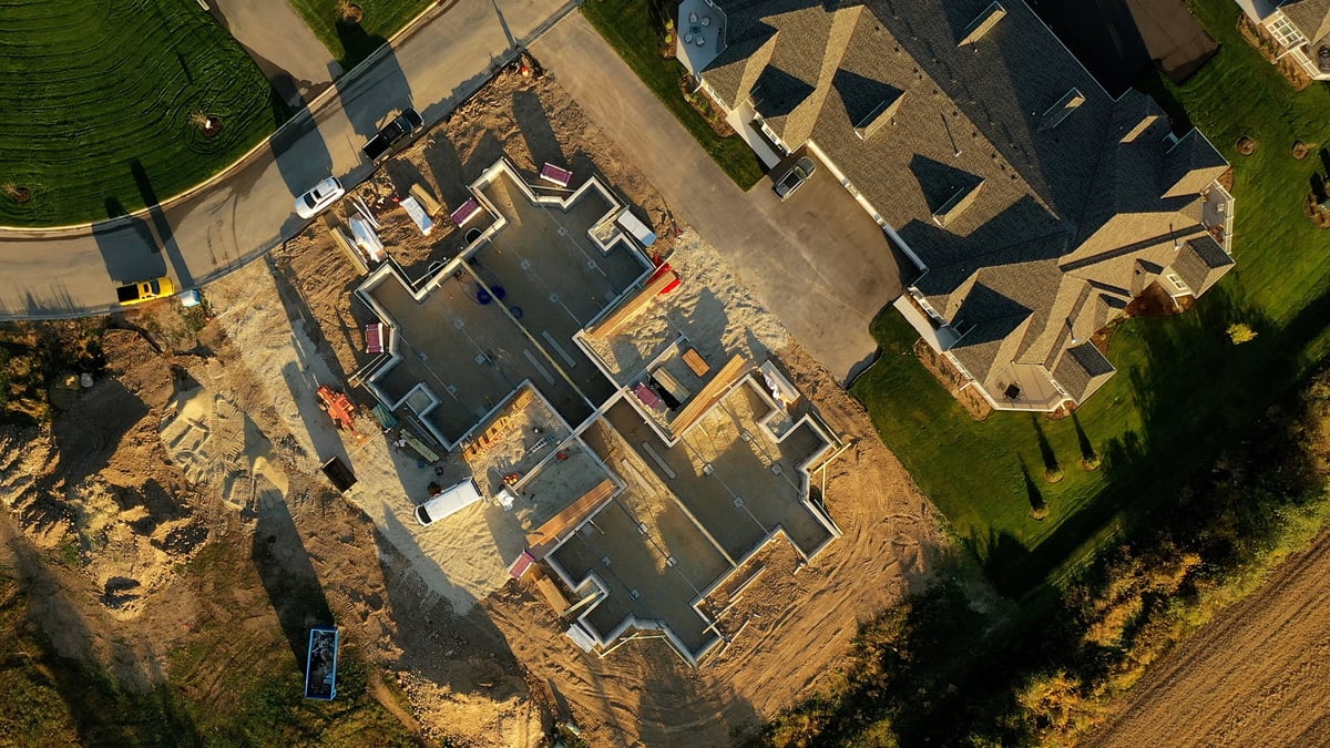 New construction house. Aerial view of a construction site.