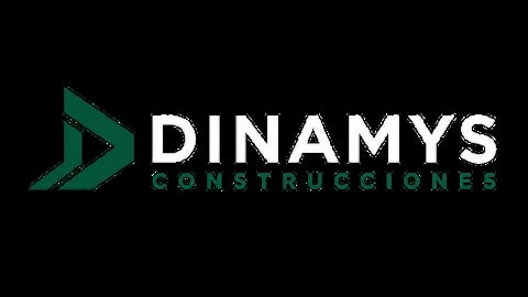 Dinamys Construcciones logo with green arrow symbol and white text on black background