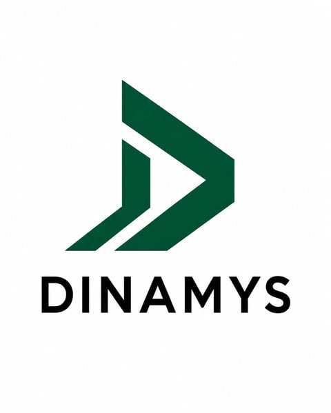 Dinamys logo featuring a dark green arrow or play symbol design above the word Dinamys in black text