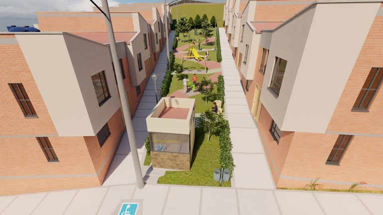Aerial view of a residential courtyard with brick buildings, green landscaping, and pedestrian walkway between apartment units