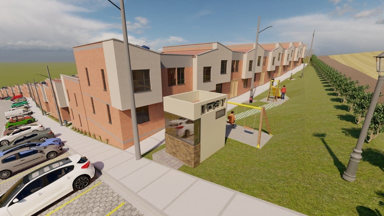 Architectural rendering of a modern residential complex with brick and concrete townhouses, green lawns, parking area, and street lighting
